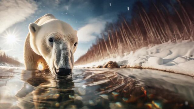 Animated picture shows a polar bear standing in a river and drinking. Wide angle perspective. Sunny day in a snowy landscape. It is snowing. Blurred background with copy space.