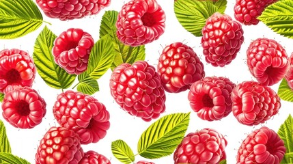  raspberries and leaves on a white background with green leaves and a red raspberry on a white background.