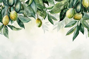 Watercolor olives tree on light bright background. Concept of healthy food, diet with empty space for your text