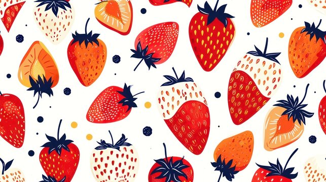  a close up of a pattern of strawberries on a white background with blue and orange dots on the bottom of the image.