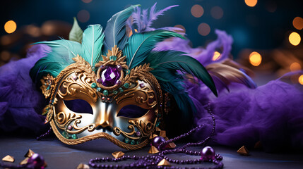 Venetian gold mask with beads and feather decoration in the traditional Mardi Gras colors of purple and green - obrazy, fototapety, plakaty