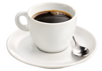 xícara com café expresso quente acompanhado de colher isolado em fundo transparente