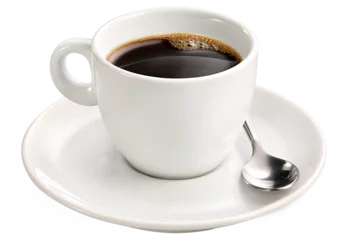 Foto op Plexiglas Koffie xícara com café expresso quente acompanhado de colher isolado em fundo transparente
