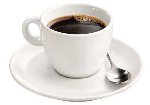xícara com café expresso quente acompanhado de colher isolado em fundo transparente