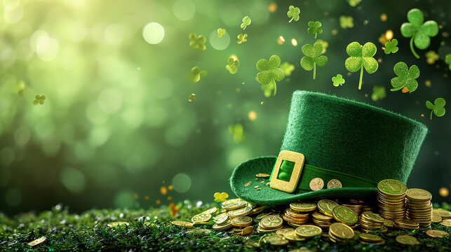 St. Patrick's Day. Gold coins, a green hat and a shamrock, Banner