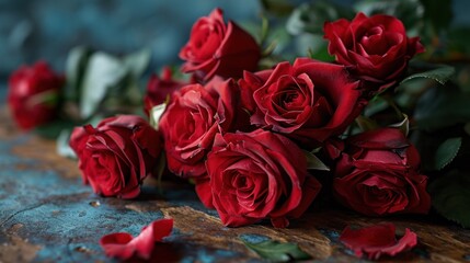  a bunch of red roses sitting on top of a wooden table next to a leafy green leafy plant.