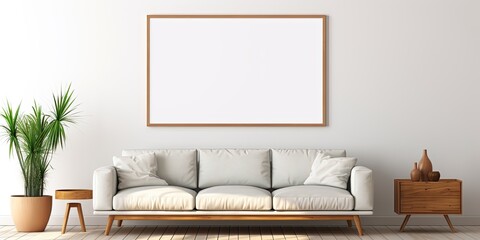 Empty horizontal template for artwork, painting, or poster in a modern living room with a white wall and wooden frame.