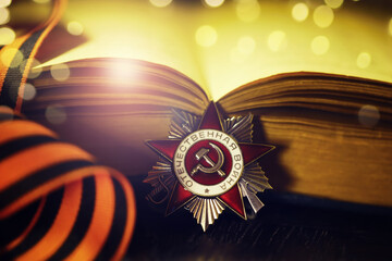 The Soviet order of the Second World war, Victory Day 9 May postcard concept, toned vintage