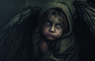 a dark fantasy paiting of a mysterious child with angel wings