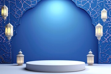 Elegant Islamic Podium with Blue Background. Ramadhan Kareem