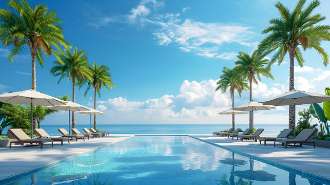 Beautifull luxury swimming pool near beach front with amazing ocean view and deck chairs at sunny day