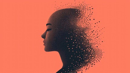 a woman's head with a lot of dots in the shape of a woman's head on an orange background. - obrazy, fototapety, plakaty