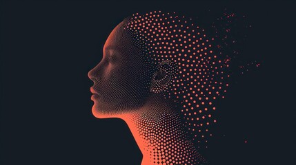  a woman's head with a lot of dots in the shape of a woman's head on a black background.