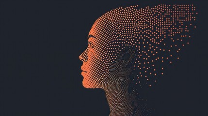  a woman's face with a lot of dots in the shape of a woman's head on a black background.