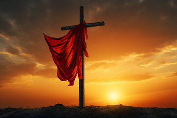 Captivating sunset sky frames a cross draped in red cloth, evoking a powerful and spiritual ambiance. Perfect stock photo for religious, inspirational, and serene themes.
