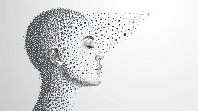  a black and white photo of a woman's face with dots in the shape of a woman's head.