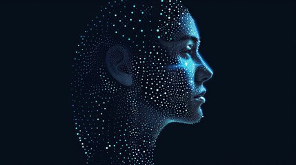  a man's face with a lot of dots in the shape of a human head on a dark background. - obrazy, fototapety, plakaty