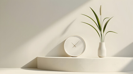 Minimalist Interior with Plant and Clock on white wall background