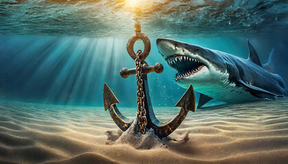 Anker unter Wasser mit einem Hai im Hintergrund - obrazy, fototapety, plakaty