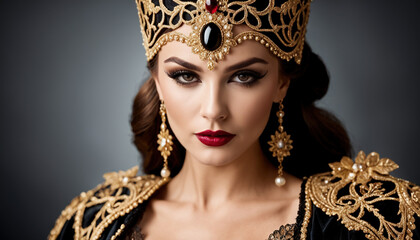 Elegance in Royalty - A Close-Up of a Woman Adorned with a Luxurious Golden Crown and Embroidery
