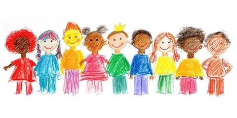 Fotobehang Generative AI, Pencil drawn art by child, naive kids illustration of different multiethnic people, diversity concept on white background   © Rymma