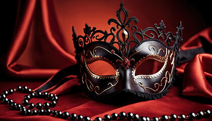 Elegant Masquerade Mask Adorned with Black Beads on Red Fabric
