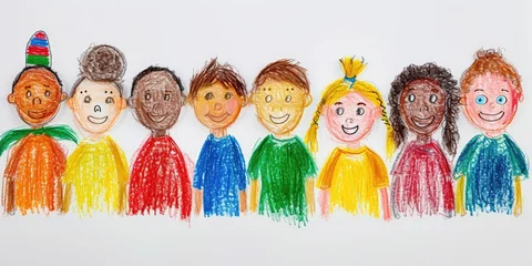 Fotobehang Generative AI, Pencil drawn art by child, naive kids illustration of different multiethnic people, diversity concept on white background   © Rymma