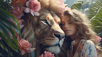 Beautiful young woman and wild animal. Girl with her beautiful lion with big mane in the jungle. Abstract composition. Illustration. - obrazy, fototapety, plakaty