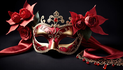 Elegant Masquerade Mask Adorned with Red Roses  on a dark background
