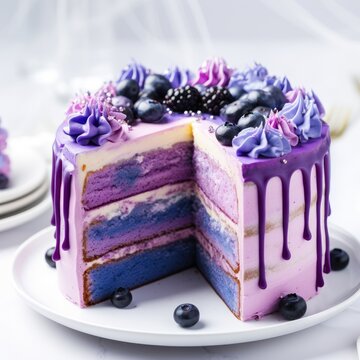 Cake with purple and blue icing on light background