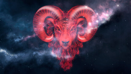 Aries zodiac sign, red neon, nebula space background.