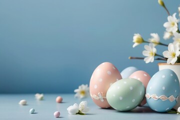 Obraz na płótnie Canvas colorful easter eggs flowers Stylish minimal Compositions in pastel colors, spring white cherry blossom branch. Top view, flatly, spring concept. 