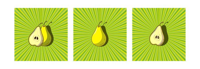 Cartoon pears set on the  sunburst background.