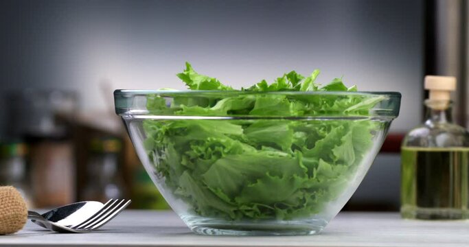 Super slow motion macro of fresh organic green lettuce salad leaves are falling in transparent bowl for preparation diet meal in rustic restaurant kitchen at 1000 fps.