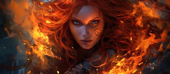 Fiery flames are held by a malevolent red-haired sorceress. - obrazy, fototapety, plakaty