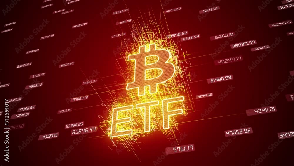Poster video animation of the keyword etf and the bitcoin sign in red on a dark abstract background - busin