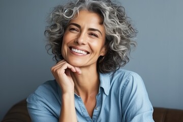 Portrait of happy mature woman smiling at camera while sitting on sofa at home