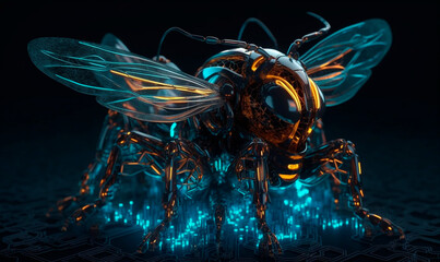Cyber neon fly in digital space background. Glowing 3d purple robot bee sitting on techno web with mechanical wings and legs for futuristic design - obrazy, fototapety, plakaty