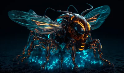 Fotobehang Cyber neon fly in digital space background. Glowing 3d purple robot bee sitting on techno web with mechanical wings and legs for futuristic design © Kyryl