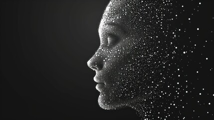  a black and white photo of a woman's face with a lot of dots on the side of her face.