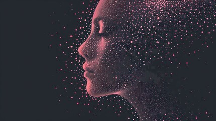  a close up of a person's face with a lot of pink dots on the face and a black background.
