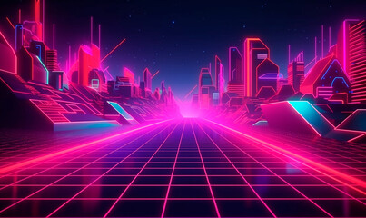 Digital synthwave road in cyber city background. Glowing 3d night with with purple futuristic buildings and straight mesh highway going to night horizon in 80s vaporwave design