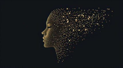  a woman's face with a lot of stars in the shape of a woman's head on a black background.