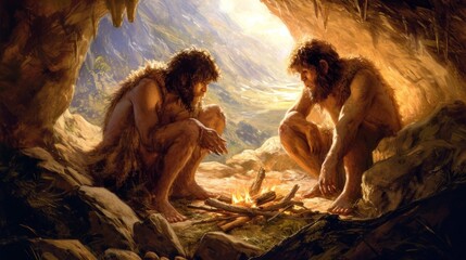cavemen resting next to a bonfire inside a cave in high definition AND QUALITY hd - obrazy, fototapety, plakaty