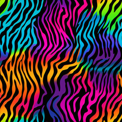 Tiger or zebra fur repeating texture.Jungle animal skin stripes. Seamless bright neon colorful pattern for print paper, card, wallpaper, textile, fabric