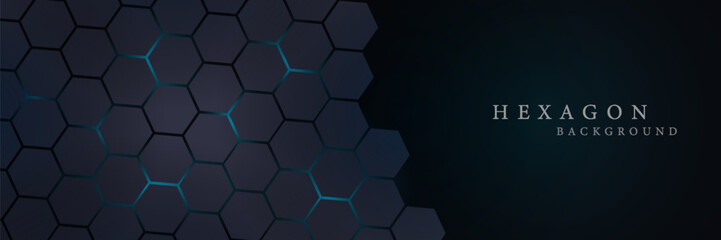 Dark gray and blue horizontal hexagonal technology abstract vector background. Red bright energy flashes under the hexagon in a wide banner of futuristic modern technology. vector