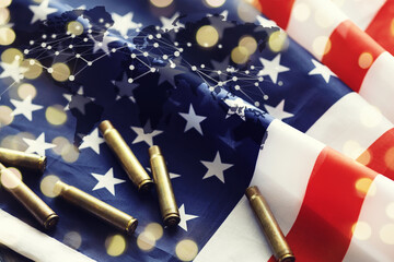 Bullets with an USA flag on a black wood background