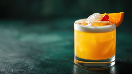  a glass of orange juice with a garnish on the rim and a slice of orange on the rim.