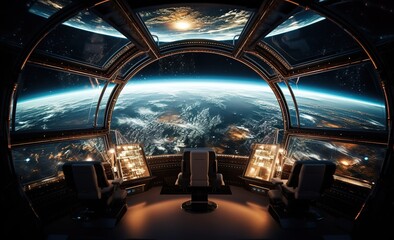 spaceship window with sunrise over planet view, space station porthole illuminator with planetary...