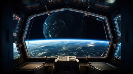 spaceship round window with sunrise over planet view, space station porthole illuminator with planetary sunset view, astronomy background - obrazy, fototapety, plakaty